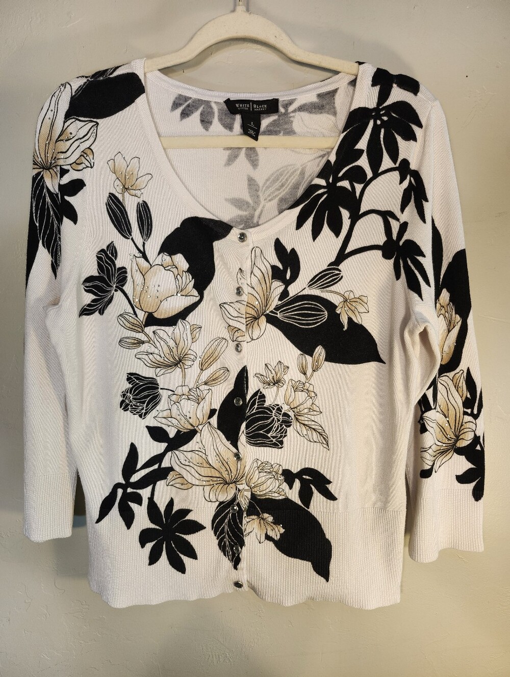White House Black Market White Cardigan Black and Gold Floral Print Embellished